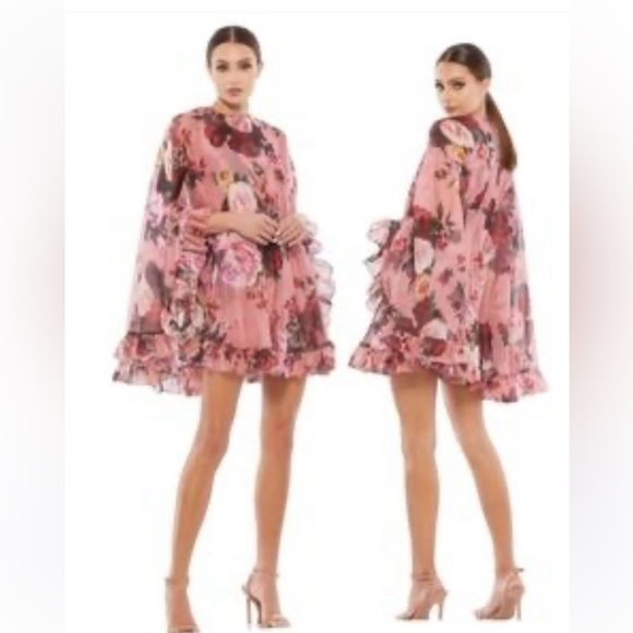 🌸✨Mac  Duggal - Irena Chiffon
Floral Printed Mini Cape Dress💃⭐️ - Picture 1 of 16